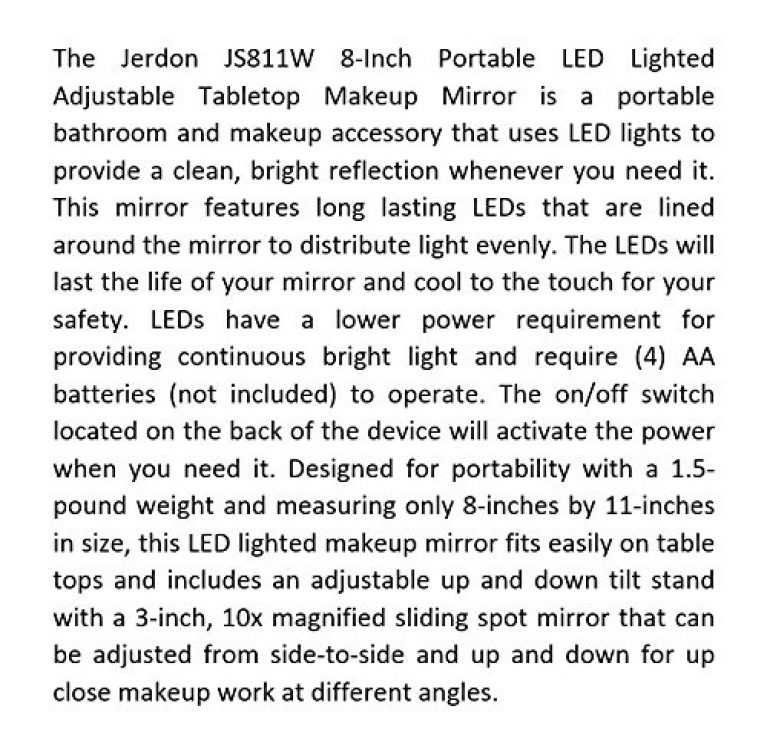 Jerdon 8-Inch by 11-Inch Lighted Vanity Mirror - Rectangular Tabletop Mirror in White with 10X Magnification Spot Mirror - Model JS811W 7