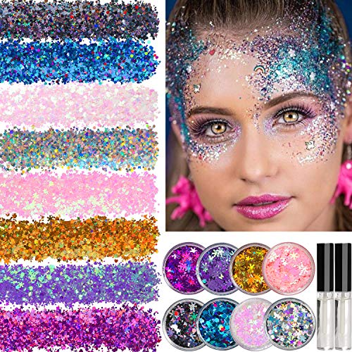 8 Jars of Cosmetic Chunky Glitter Shimmer Body Face Hair Eye Musical Festival Carnival Dance Halloween Party Beauty Makeup Temporary Tattoos Multicolored (80g/2.82oz) + Quick Dry Glitter Glue(10ml) 1