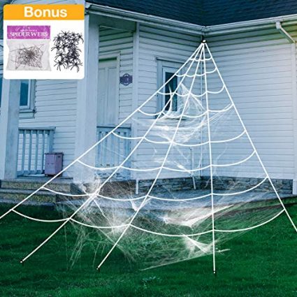 Halloween Giant Spider Decorations - 200” Triangular Spider Webs Decoration + 2 Giant Halloween Spider with Stretch Cobweb Small Spiders, for Halloween Decorations Indoor Outdoor, Yard Lawn Tree Party 9