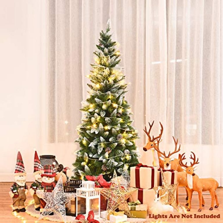 Goplus Artificial Pencil Christmas Tree, Snow Flocked with Pine Cones and Metal Stand, for Xmas Indoor and Outdoor Décor 2