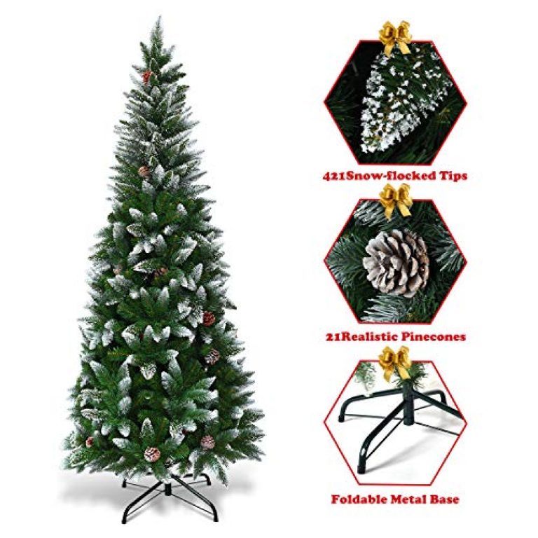 Goplus Artificial Pencil Christmas Tree, Snow Flocked with Pine Cones and Metal Stand, for Xmas Indoor and Outdoor Décor 4