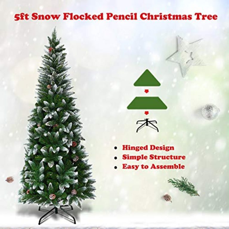 Goplus Artificial Pencil Christmas Tree, Snow Flocked with Pine Cones and Metal Stand, for Xmas Indoor and Outdoor Décor 5