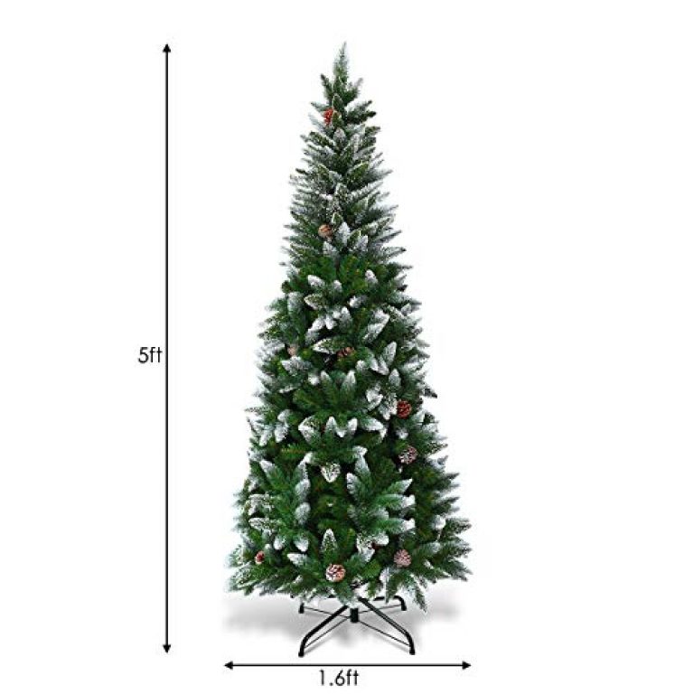 Goplus Artificial Pencil Christmas Tree, Snow Flocked with Pine Cones and Metal Stand, for Xmas Indoor and Outdoor Décor 7