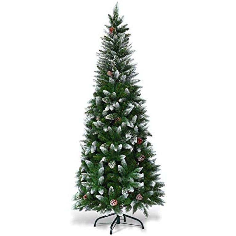 Goplus Artificial Pencil Christmas Tree, Snow Flocked with Pine Cones and Metal Stand, for Xmas Indoor and Outdoor Décor 1