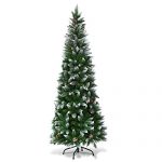 Goplus Artificial Pencil Christmas Tree, Snow Flocked with Pine Cones and Metal Stand, for Xmas Indoor and Outdoor Décor 19