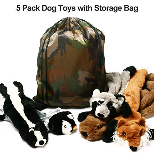 CNMGBB No Stuffing Dog Toys with Squeakers, Durable Stuffingless Plush Squeaky Dog Chew Toy Set,Crinkle Dog Toy for Medium and Large Dogs, 5 Pack（Squirrel Raccoon Fox Skunk and Penguin）, 24Inch 5