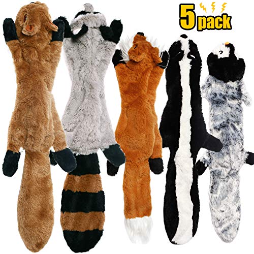 CNMGBB No Stuffing Dog Toys with Squeakers, Durable Stuffingless Plush Squeaky Dog Chew Toy Set,Crinkle Dog Toy for Medium and Large Dogs, 5 Pack（Squirrel Raccoon Fox Skunk and Penguin）, 24Inch 15