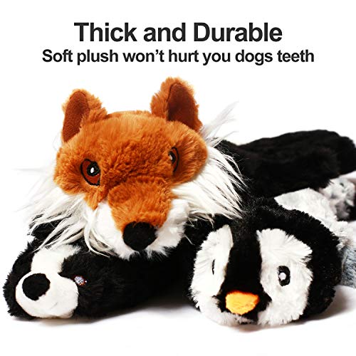 CNMGBB No Stuffing Dog Toys with Squeakers, Durable Stuffingless Plush Squeaky Dog Chew Toy Set,Crinkle Dog Toy for Medium and Large Dogs, 5 Pack（Squirrel Raccoon Fox Skunk and Penguin）, 24Inch 2