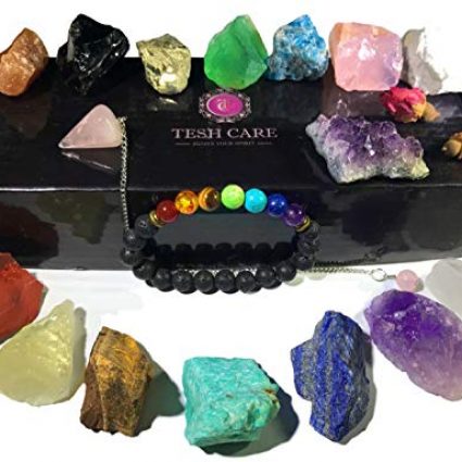 Chakra Therapy Starter Collection 17 pcs Healing Crystals kit, 7 Raw Chakra Stones,7 Colorful Gemstones, Amethyst,Rose Quartz Pendulum,Chakra Lava Bracelet,Dry Roses,Guide,COA,Gift Ready 3