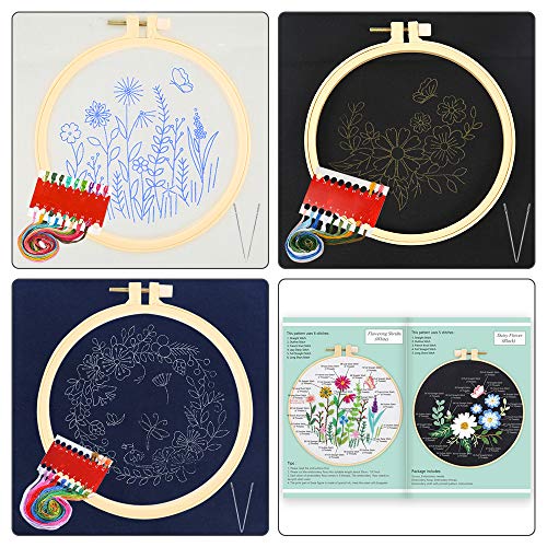 Caydo 3 Sets Cross Stitch Kits forBeginners, Adults Including Embroidery Fabric with Floral Pattern, Embroidery Hoop, Thread and Tools 2