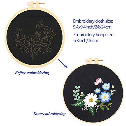 Caydo 3 Sets Cross Stitch Kits forBeginners, Adults Including Embroidery Fabric with Floral Pattern, Embroidery Hoop, Thread and Tools 4