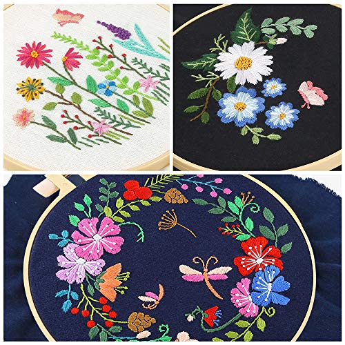 Caydo 3 Sets Embroidery Kit for Beginners, Cross Stitch Kits for Adults Including Embroidery Fabric with Floral Pattern, Embroidery Hoop, Embroidery Thread and Tools 6