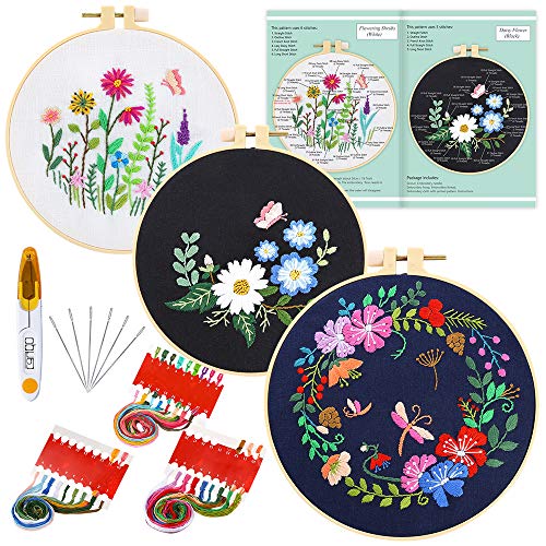 Caydo 3 Sets Cross Stitch Kits forBeginners, Adults Including Embroidery Fabric with Floral Pattern, Embroidery Hoop, Thread and Tools 1
