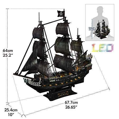 3D Puzzle for Adults Moveable LED Pirate Ship with Detailed Interior Decoration, Large Queen Anne's Revenge Desk Puzzles, Difficult 3D Puzzles with Lights Gifts for Men Women 6