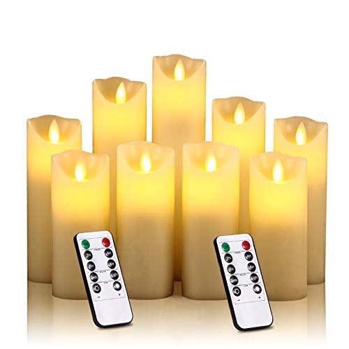 Flameless Battery Operated Led Candles Set of 9 Ivory Dripless Real Wax Pillars Include Realistic Dancing LED Flames Battery Candles and 10-Key Remote Control with 24-Hour Timer 15