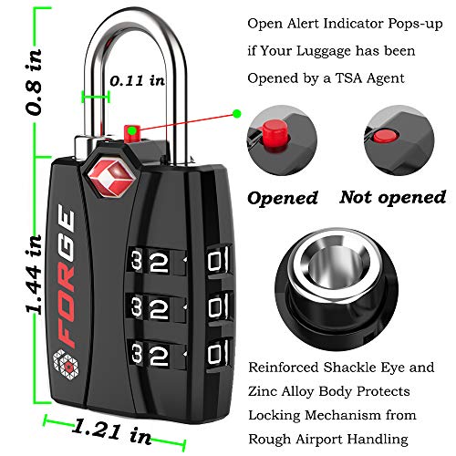 Forge Luggage Locks TSA Approved 4 Pack Black, Small Combination Lock with Zinc Alloy Body, Open Alert, Easy Read Dials, for Travel Suitcase, Bag, Backpack, Lockers. 3