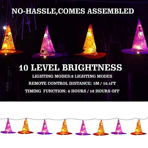 FUNPENY Halloween Decoration Lights, 8 PCS Waterproof Hanging Witch Hat with String Lights with Remote, Hanging Halloween Decorations for Indoor Outdoor Garden Yard Party Decor 3