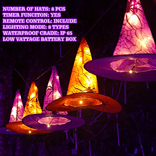FUNPENY Halloween Decoration Lights, 8 PCS Waterproof Hanging Witch Hat with String Lights with Remote, Hanging Halloween Decorations for Indoor Outdoor Garden Yard Party Decor 5