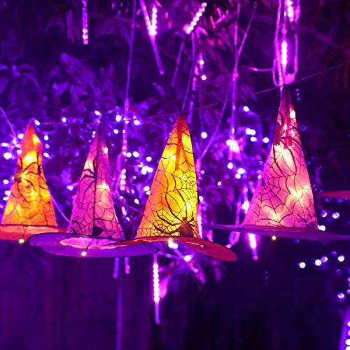 FUNPENY Halloween Decoration Lights, 8 PCS Waterproof Hanging Witch Hat with String Lights with Remote, Hanging Halloween Decorations for Indoor Outdoor Garden Yard Party Decor 7