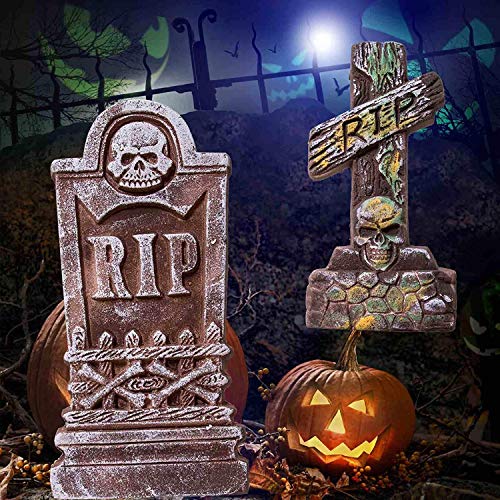 JOYIN 17” Halloween Foam RIP Graveyard Tombstones (5 Pack), Yard Sign Headstone Decorations and 12 Bonus Metal Stakes for Halloween Yard Outdoor Indoor Decorations 5
