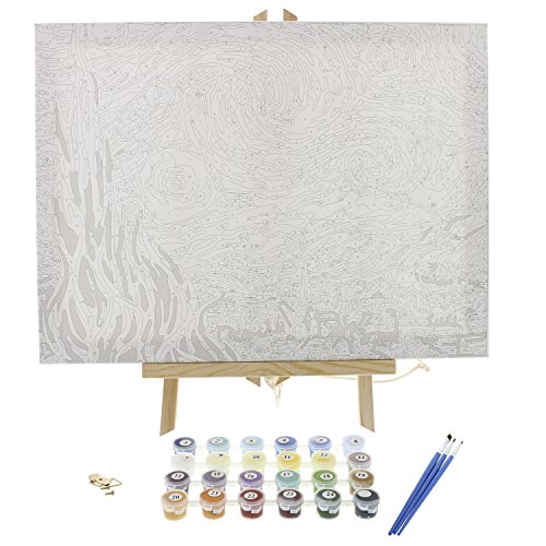 Paint by Numbers for Adults - Framed Canvas and Wooden Easel Stand - DIY Full Set of Assorted Color Oil Painting Kit and Brush Accessories - Soul Dancer 12”x16 Replica (Starry Night) 6