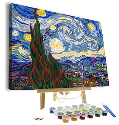 Paint by Numbers for Adults - Framed Canvas and Wooden Easel Stand - DIY Full Set of Assorted Color Oil Painting Kit and Brush Accessories - Soul Dancer 12”x16 Replica (Starry Night) 16