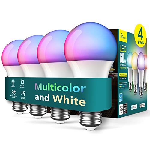 TREATLIFE Smart Light Bulbs 4 Pack, UL Certified 2.4GHz Color Changing Light Bulb, Works with Alexa Google Home, A19 E26 Dimmable LED Light Bulb 9W 800 Lumen for Party Decoration, Smart Home Lighting 16