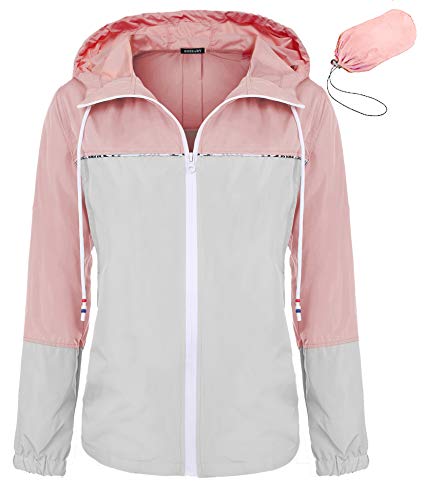 bosbary Women's Raincoats Waterproof Packable Windbreaker Active Outdoor Hooded Lightweight Rain Jacket(Gray/Pink,Small) 2