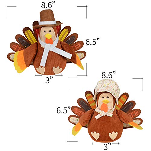 ALLADINBOX Thanksgiving Decorations Set of 2 Turkeys, Mr and Ms Turkey Couple Plush Tabletop Centerpieces for Autumn Fall Harvest Home Kitchen Shelf Indoor Decoration Gift Set 2