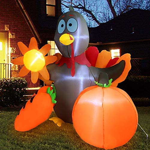TURNMEON 5FT Thanksgiving Inflatables Blow Up Turkey with Pumpkin Sunflowers Carrots LED Light Autumns Fall Thanksgiving Decorations for Home Outdoor Indoor Yard Lawn Garden with Tethers Stakes 2