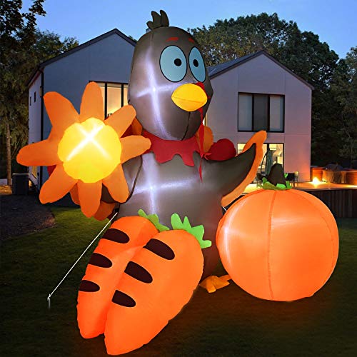 TURNMEON 5FT Thanksgiving Inflatables Blow Up Turkey with Pumpkin Sunflowers Carrots LED Light Autumns Fall Thanksgiving Decorations for Home Outdoor Indoor Yard Lawn Garden with Tethers Stakes 4