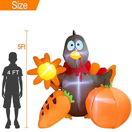 TURNMEON 5FT Thanksgiving Inflatables Blow Up Turkey with Pumpkin Sunflowers Carrots LED Light Autumns Fall Thanksgiving Decorations for Home Outdoor Indoor Yard Lawn Garden with Tethers Stakes 6