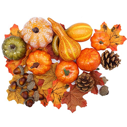 winemana Thanksgiving Artificial Pumpkins Fall Decorations for Home, 50Pcs Decor- 30 Leaves, 10 Acorns, 2 Pinecones, 8 Fake Pumpkins, Harvest Farmhouse Table Tiered Tray Set 1