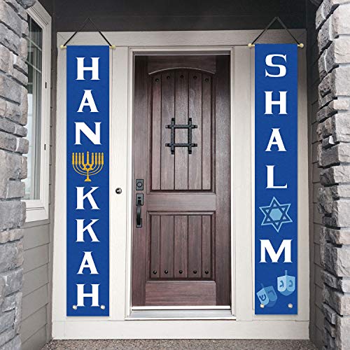 AVOIN Hanukkah Shalom Porch Sign, Star of David Menorah Dreidel Hanging Banner Flag for Yard Indoor Outdoor Party 12 x 72 Inch 6