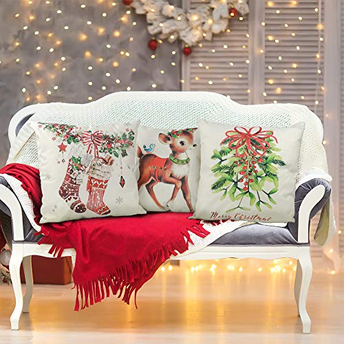 CDWERD Christmas Pillow Covers 18x18 Inches Set of 4 Vintage Christmas Decorations Throw Pillowcase Cotton Linen for Home Couch Decor 6