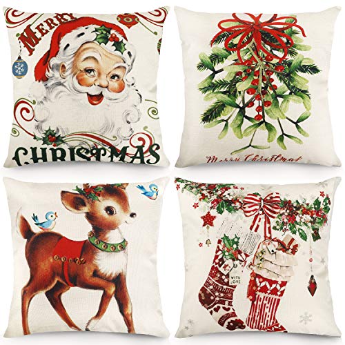 CDWERD Christmas Pillow Covers 18x18 Inches Set of 4 Vintage Christmas Decorations Throw Pillowcase Cotton Linen for Home Couch Decor 1