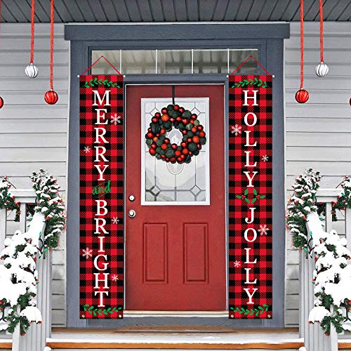 Dazonge Christmas Outdoor Decorations | Merry and Bright & Holly Jolly Christmas Door Banners | Buffalo Plaid Christmas Decor | Rustic Christmas Porch Decorations | Winter Decor 2