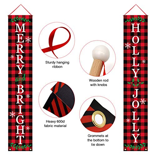 Dazonge Christmas Outdoor Decorations | Merry and Bright & Holly Jolly Christmas Door Banners | Buffalo Plaid Christmas Decor | Rustic Christmas Porch Decorations | Winter Decor 4