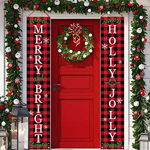Dazonge Christmas Outdoor Decorations | Merry and Bright & Holly Jolly Christmas Door Banners | Buffalo Plaid Christmas Decor | Rustic Christmas Porch Decorations | Winter Decor 7