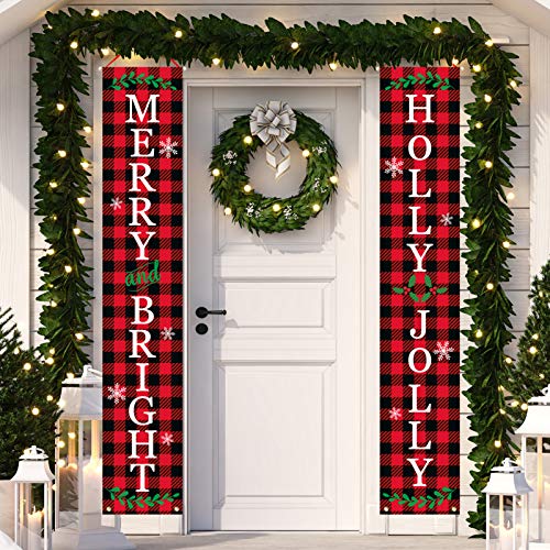 Dazonge Christmas Outdoor Decorations | Merry and Bright & Holly Jolly Christmas Door Banners | Buffalo Plaid Christmas Decor | Rustic Christmas Porch Decorations | Winter Decor 5