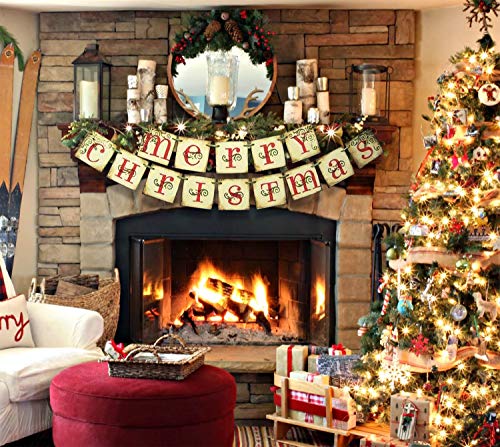 Merry Christmas Banner - Vintage Xmas Decorations Indoor for Home Office Party Fireplace Mantle Farmhouse Decor 3