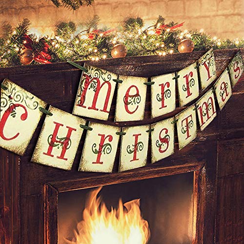 Christmas Decorations - Vintage Merry Christmas Banner - Retro Nostalgic Traditional Old Fashioned Victorian Xmas Holiday Decor for Indoor Home Office Fireplace Mantle Farmhouse 2
