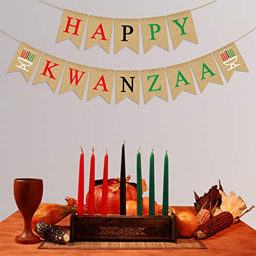Rainlemon Jute Burlap Happy Kwanzaa Banner Rustic African Heritage Holiday Party Mantel Fireplace Decoration Supply 5