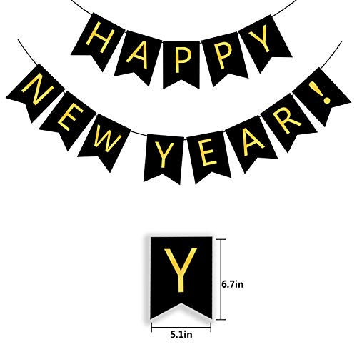 FECEDY Happy New Year Banner Black Bunting with Gold Alphabet for New Year Party Supplier Eve Party Decorations 2