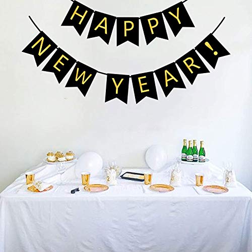FECEDY Happy New Year Banner Black Bunting with Gold Alphabet for New Year Party Supplier Eve Party Decorations 3