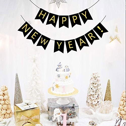 FECEDY Happy New Year Banner Black Bunting with Gold Alphabet for New Year Party Supplier Eve Party Decorations 7