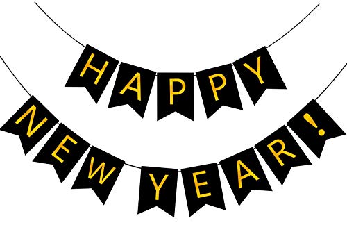 FECEDY Happy New Year Banner Black Bunting with Gold Alphabet for New Year Party Supplier Eve Party Decorations 1