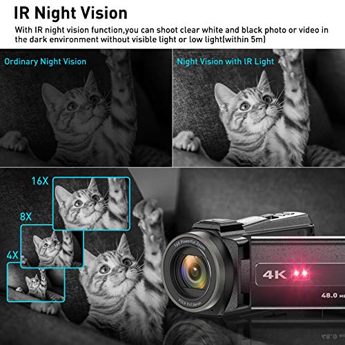 Video Camera 4K Camcorder Ultra HD 48MP Vlogging Camera for YouTube WiFi Night Vision Camcorder Touch Screen 16X Digital Zoom Vlog Camera Recorder with Microphone Remote Stabilizer Hood Batteries 4