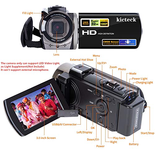 kicteck Video Camera Camcorder Digital Camera Recorder Full HD 1080P 15FPS 24MP 3.0 Inch 270 Degree Rotation LCD 16X Zoom Camcorder with 2 Batteries(604s) 2