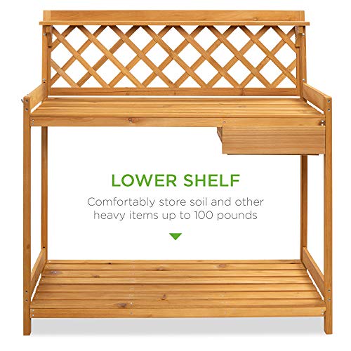 Best Choice Products Outdoor Garden Potting Bench, Wooden Workstation Table w/Cabinet Drawer, Open Shelf, Lower Storage, Lattice Back - Natural 4